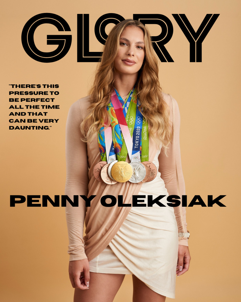 Penny Oleksiak on GLORY cover wearing dress and Olympic medals